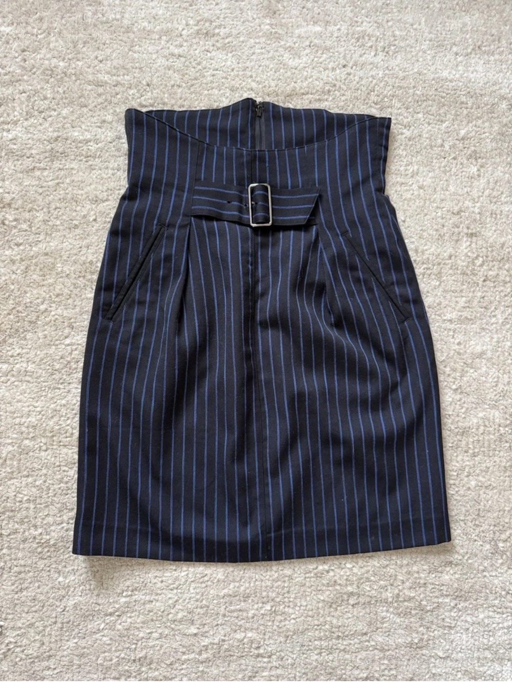 High-Waist Navy Pinstripe Pencil Skirt with Belt
